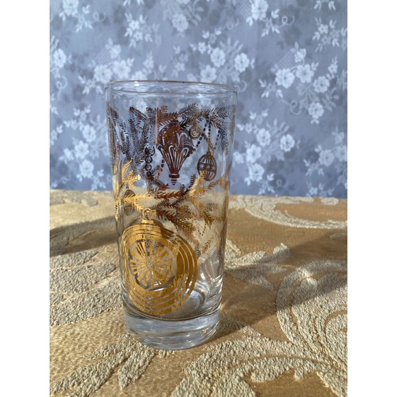Vintage 50s Christmas Tumblers 1950s Gold & Clear Holiday Drinking Glasses Bar - Picture 2 of 5